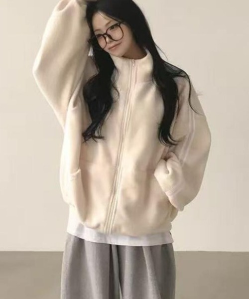 コート アウター ボリュームスリーブストライプフリースジャケット