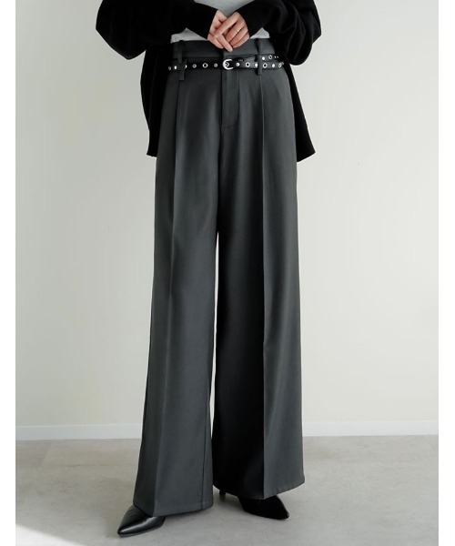 スラックス パンツ 「低身長/高身長サイズ有」ツイルダブルベルトループワイドパンツ レディース | Re:EDIT | 02