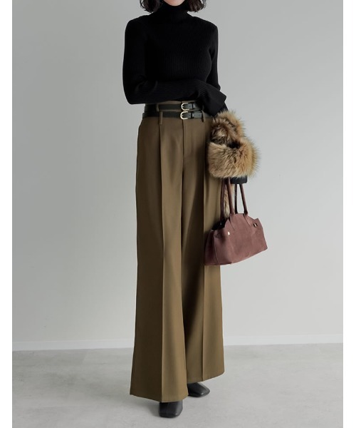 スラックス パンツ 「低身長/高身長サイズ有」ツイルダブルベルトループワイドパンツ レディース | Re:EDIT | 24