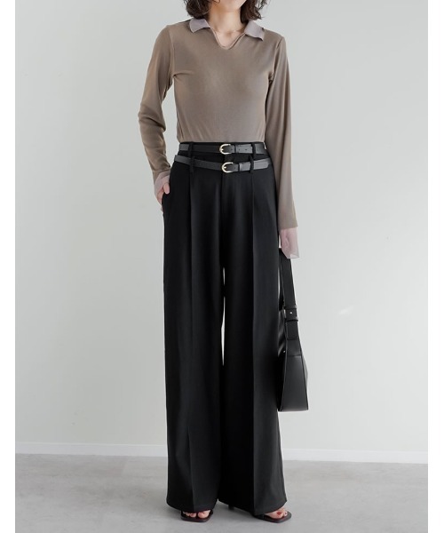 スラックス パンツ 「低身長/高身長サイズ有」ツイルダブルベルトループワイドパンツ レディース | Re:EDIT | 10