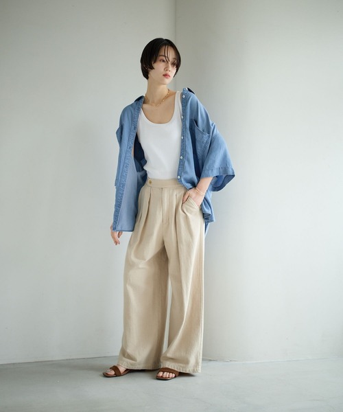 ブラウス シャツ 2WAYデニム半袖シャツ レディースの画像