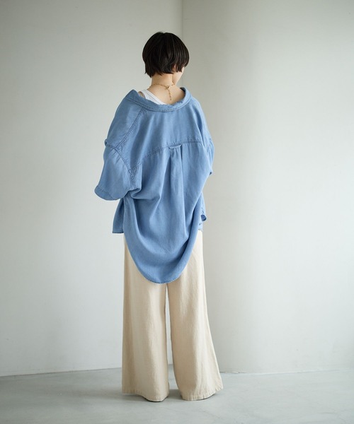 ブラウス シャツ 2WAYデニム半袖シャツ レディースの画像