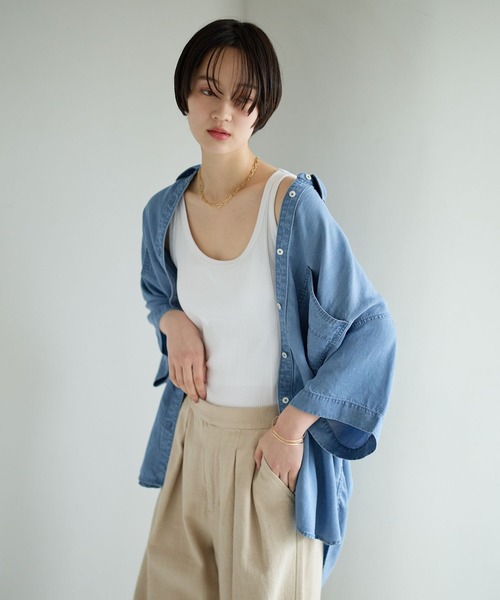 ブラウス シャツ 2WAYデニム半袖シャツ レディースの画像