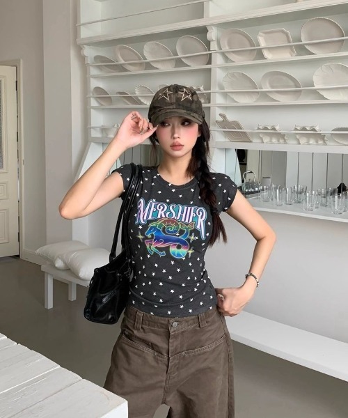 tシャツ 半袖 Y2K スター ビンテージ風フィット T シャツ レディース