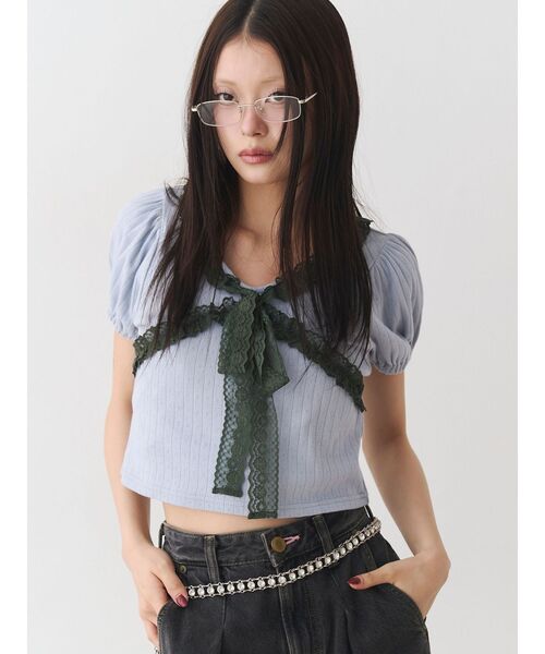 jouetie（ジュエティ） tシャツ 半袖 レースドッキングパフスリ