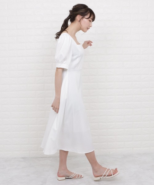 Lace Ladies ワンピース スクエアネックパフスリーブフレア