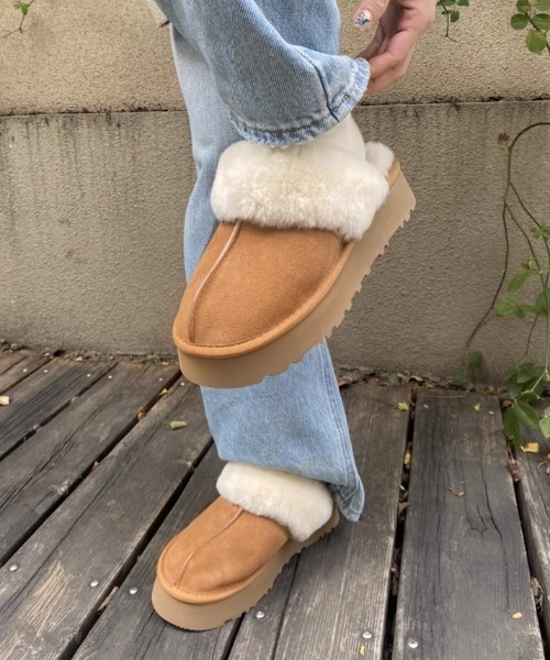 スリッポン 厚底ボリュームフェイクムートンスリッポン レディース