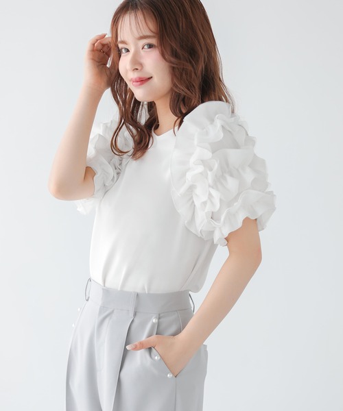 MEGMIURA メグミウラ 袖フリル 切り返し 長袖 Tシャツ カットソー MEGMIURA メグミウラ 袖フリル 切り返し 長袖 Tシャツ カットソー