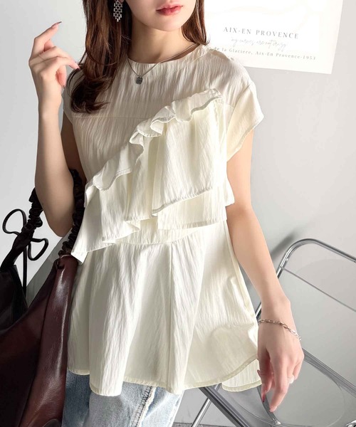 シャーリングフレアチュニック　フリルペプラムブラウスカットソー classicalelf ブラウス シャツ 大人かわいいフリル使いフレア