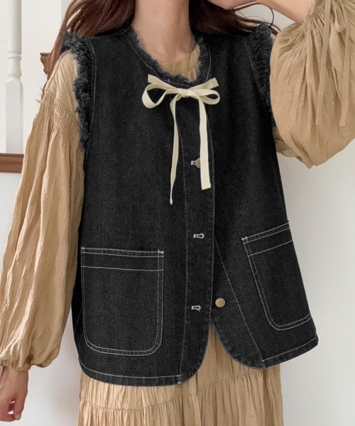 ベスト ジレ 「セットアップ対応」ステッチデザイン/フロントリボンデニムベスト レディース セットアップ対応＞ステッチデザイン/フロントリボンデニム