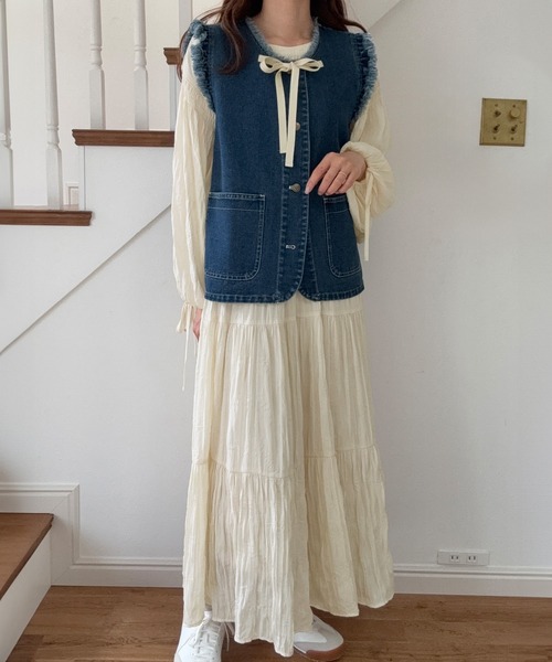 LAUIR ベスト ジレ リボンデザインデニムベスト レディース