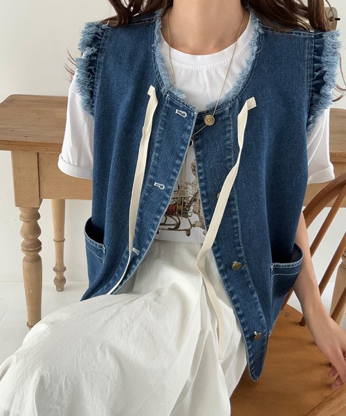 LAUIR ベスト ジレ リボンデザインデニムベスト レディース