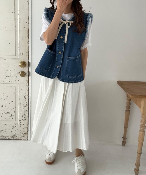 LAUIR ベスト ジレ リボンデザインデニムベスト レディース