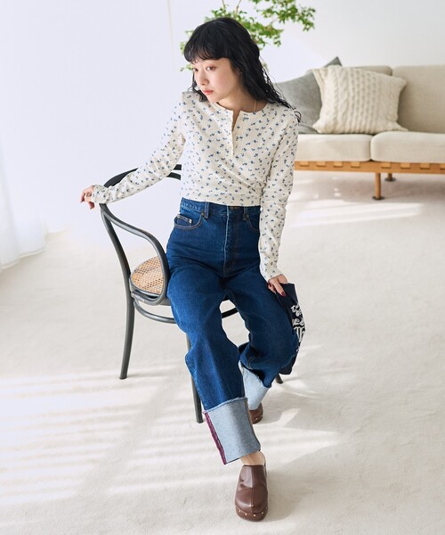 tシャツ 花柄針抜きフライス ヘンリートップス レディース FREAK'S STORE tシャツ 花柄針抜きフライス ヘンリーTシャツ