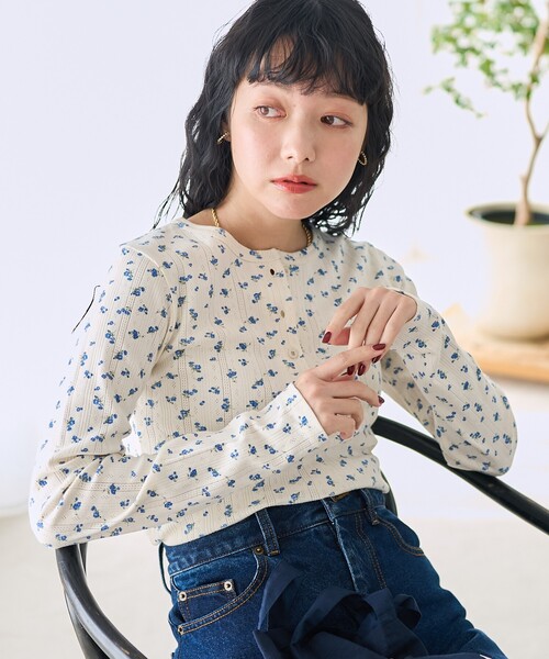 FREAK'S STORE tシャツ 花柄針抜きフライス ヘンリートップス
