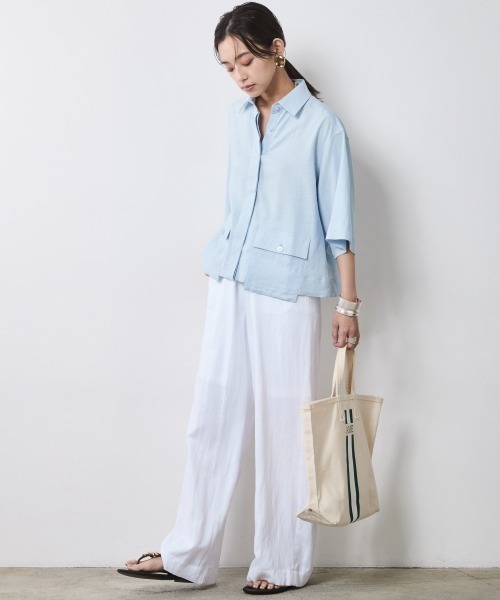 ブラウス シャツ 麻レーヨンオーバーサイズシャツ レディース CHIC STYLE ブラウス シャツ レーヨン麻5分袖ショート丈シャツ