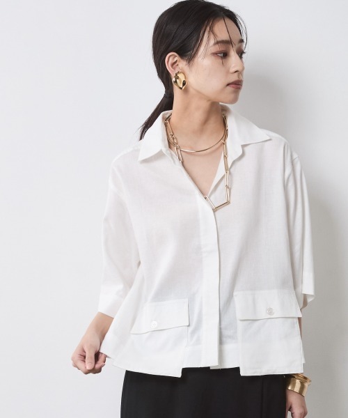 ブラウス シャツ レーヨン麻5分袖ショート丈シャツ「大きいサイズ有」シックスタイル レディース CHIC STYLE ブラウス シャツ レーヨン麻5分袖ショート丈シャツ