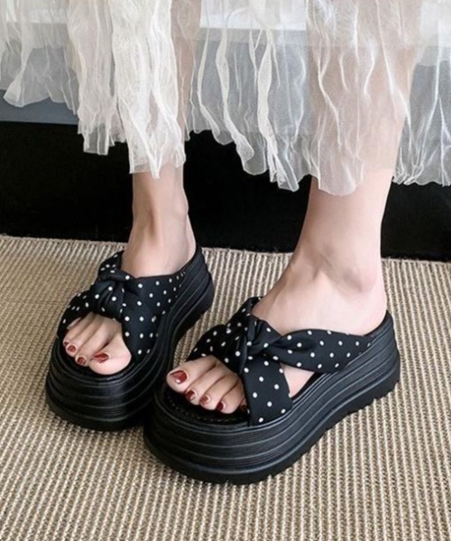 GEMEDA サンダル ドット柄リボンクロス厚底サンダル レディース