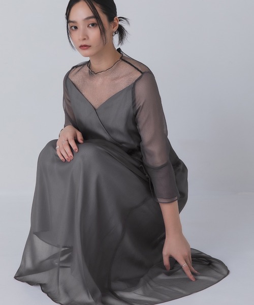 フレアドレス 長袖 シアー グレー L 結婚式 ワンピース Rose of Sharon ドレス シアー切替カシュクール風フレアドレス