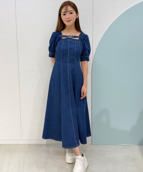 美品 マインデニム 日本製 ベルト付 デニム シャツ ロングワンピース フレア REDYAZEL（レディアゼル） ワンピース 半袖 デコルテベルトデニム