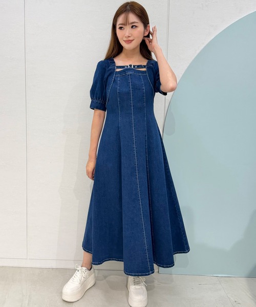 【レディアゼル】ボリューム デニム レースアップ ノースリーブ ワンピース M紺 REDYAZEL（レディアゼル） ワンピース 半袖 デコルテベルトデニム