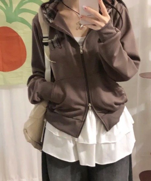 Emilie ジャケット テーラードジャケット チェックフード ダブルジップ