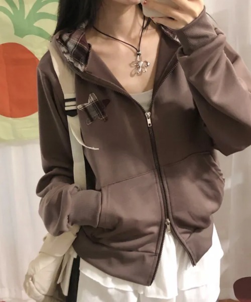 Emilie ジャケット テーラードジャケット チェックフード ダブルジップ