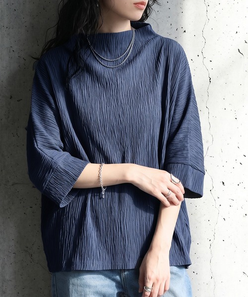 慈雨 アシンメトリー カットソー モックネック 花柄 綿混 antiqua（アンティカ） tシャツ モックネック 楊柳 カットソー