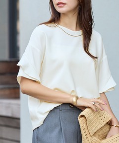 ブラウス シャツ 半袖 「サラっとした着心地/晩夏まで活躍する袖丈」フリル袖Ｔシャツブラウス「Sサイズ展開あり」 レディース