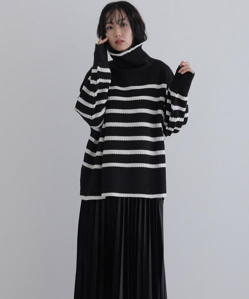 ElegChic ニット セーター ハイネックボーダーニット レディース