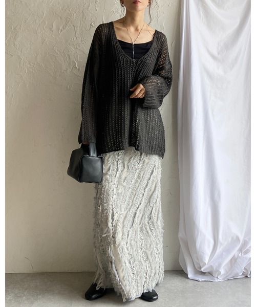 メッシュ編み Vネック 長袖 ニット トップス セール】Vネック長袖ざっくりモヘアタッチ透かし編みメッシュ