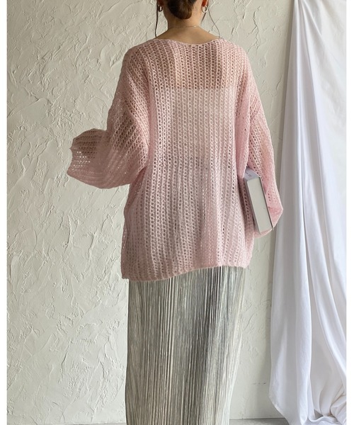 メッシュ編み Vネック 長袖 ニット トップス セール】Vネック長袖ざっくりモヘアタッチ透かし編みメッシュ