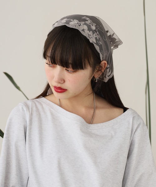 ROOP TOKYO スカーフ バンダナ 花柄レース カチーフ 刺繍かぎ編み 三角
