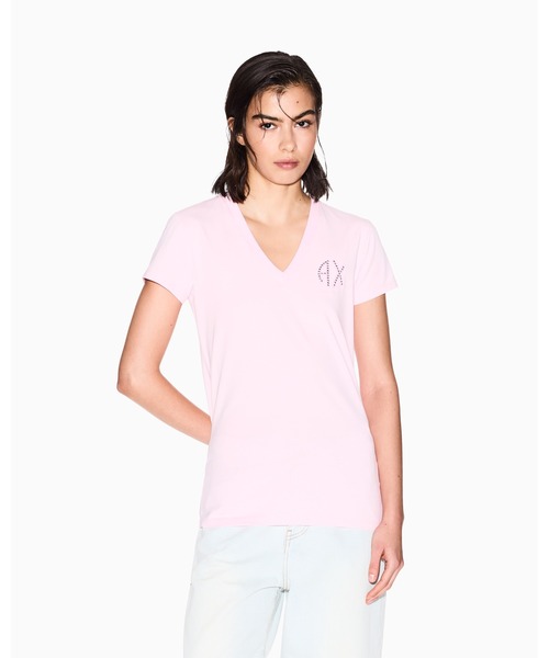 tシャツ 「A|X アルマーニ エクスチェンジ」「ZOZO限定」ラインストーンロゴ 半袖VネックTシャツ_SLIM レディース ARMANI EXCHANGE tシャツ 「A|X アルマーニ エクスチェンジ