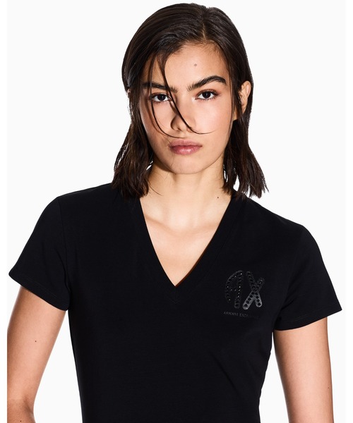 tシャツ 「A|X アルマーニ エクスチェンジ」「ZOZO限定」ラインストーンロゴ 半袖VネックTシャツ_SLIM レディース ARMANI EXCHANGE tシャツ 「A|X アルマーニ エクスチェンジ
