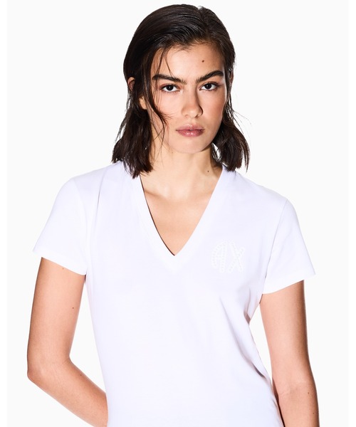 tシャツ 「A|X アルマーニ エクスチェンジ」「ZOZO限定」ラインストーンロゴ 半袖VネックTシャツ_SLIM レディース ARMANI EXCHANGE tシャツ 「A|X アルマーニ エクスチェンジ