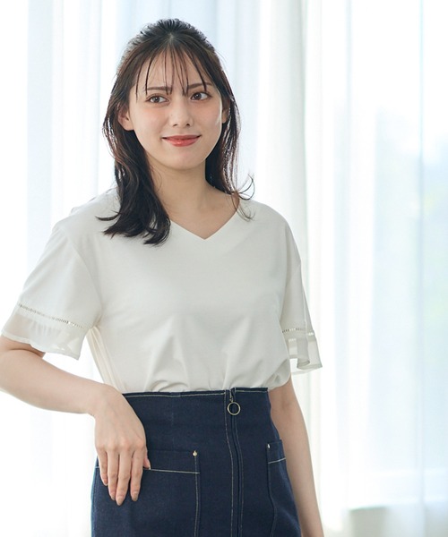 tシャツ Vネックハシゴレースシアースリーブカットソープルオーバー レディース