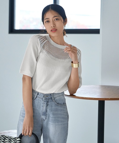 セリーヌ　デコルテカットニット　リブニット　S STYLE DELI ニット セーター デコルテシアー5分袖シャリ感