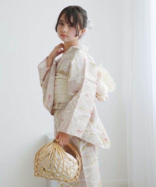 utatane 浴衣 ジュニア浴衣3点セット ひよこ商店 亜麻色に飛び回る雀