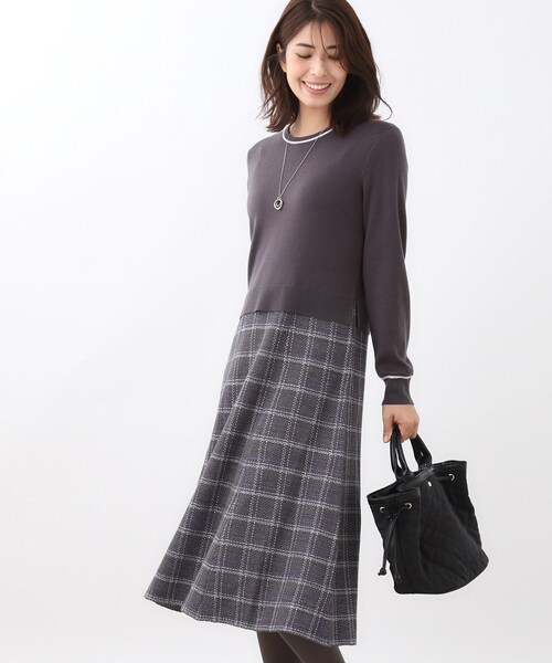 リフレクト　ニット　ドッキングワンピース　ベージュ　13号 春SALE／WEB限定カラーあり／手洗い可】バイカラードッキングニット