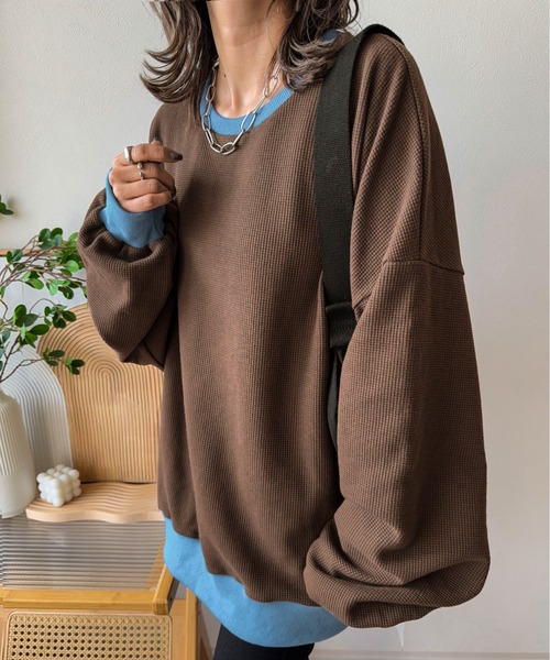 tシャツ 「emaさんコラボ」裏起毛 ワッフルトップス レディース