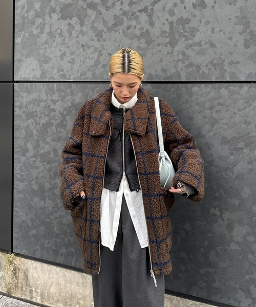 Ameri（アメリ） ブルゾン アウター ボア UND WINDOWPANE ZIPUP MIDI