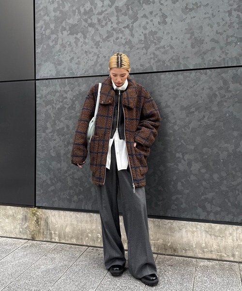 Ameri（アメリ） ブルゾン アウター ボア UND WINDOWPANE ZIPUP MIDI