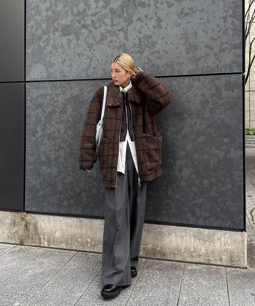 Ameri（アメリ） ブルゾン アウター ボア UND WINDOWPANE ZIPUP MIDI