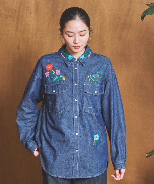 SOMETHING（サムシング） ブラウス シャツ 刺繍ビッグデニムシャツ