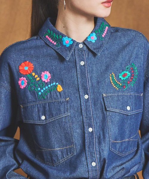 SOMETHING（サムシング） ブラウス シャツ 刺繍ビッグデニムシャツ