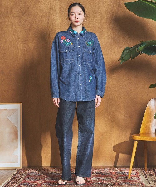 FICCE JEANS 刺繍デニムシャツ ビッグシルエット SOMETHING（サムシング） ブラウス シャツ 刺繍ビッグデニムシャツ