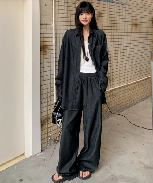 Aelina セットアップ 長袖デニムシャツ＆ハイウエストデニムパンツ