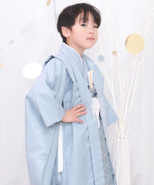 キョウエツ　5歳　男の子　羽織　袴　くすみブルー110-120cm　12点セット KYOETSU（京越） 着物 三歳 五歳 七五三 羽織袴 12点セット 黒地紋