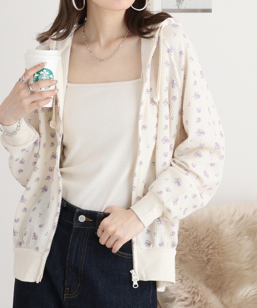 パーカー 「87」「JEMORGAN/ジェーイーモーガン」花柄 ワッフル ジップパーカー レディース JEMORGAN パーカー ワッフル花柄ZIPパーカ レディース